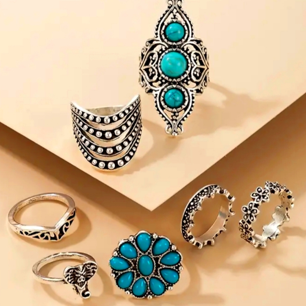 Vintage Turquoise Elephant Geometric Ring 7pcs/SetBoho Style Decor Jewelry - Picture 8 of 10